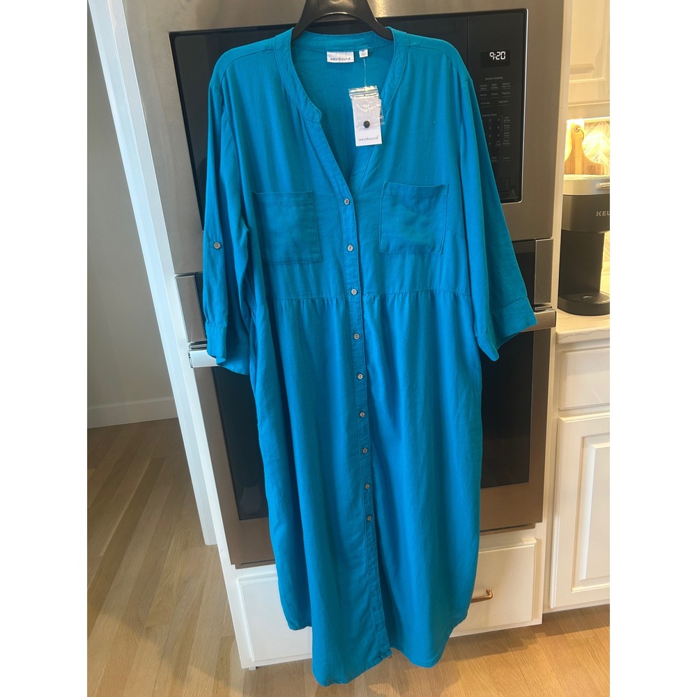 Westbound linen blend maxi dress XL turquoise buton front roll tab sleeve pocket